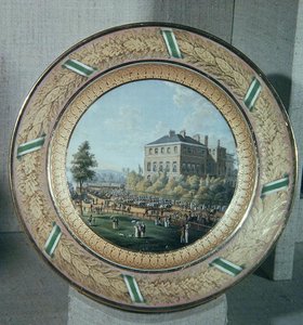 Meissen bord, versierd met een scène van Apsley House met een parade van cavaleriesoldaten, c.1818